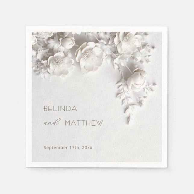 White 3D Flowers Roses Minimalist Wedding  Napkin (Front)