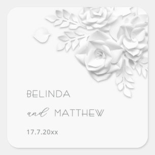 White 3D Flowers Roses Minimalist Wedding  Square Sticker
