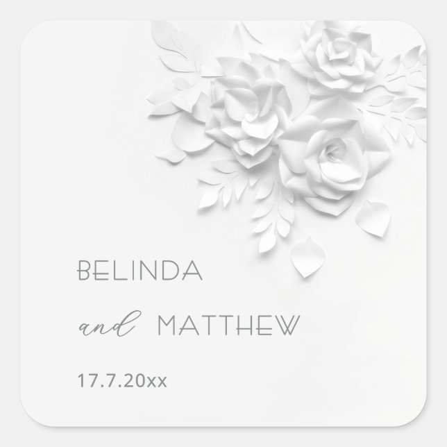 White 3D Flowers Roses Minimalist Wedding  Square Sticker (Front)