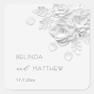 White 3D Flowers Roses Minimalist Wedding  Square Sticker