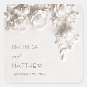 White 3D Flowers Roses Minimalist Wedding Square Sticker