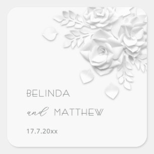 White 3D Flowers Roses Minimalist Wedding Square Sticker