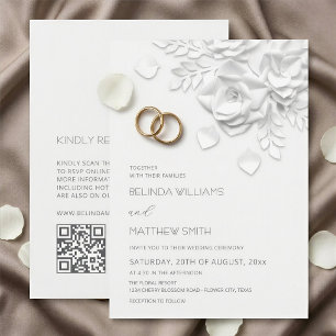 White 3D Flowers Roses Simple Wedding Invitation