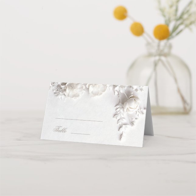 White 3D Flowers Wedding Place Card (Front)