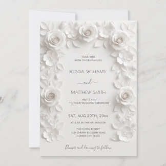 White 3D Roses Frame Wedding Simple Invitation