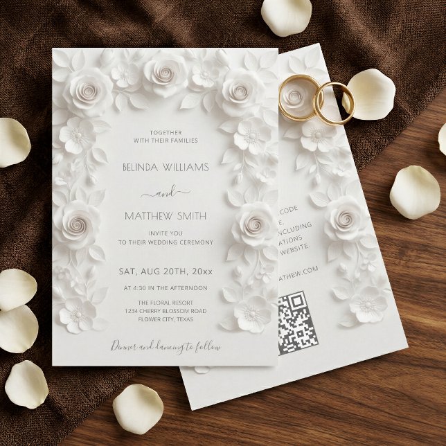 White 3D Roses Frame Wedding Simple Invitation (Creator Uploaded)
