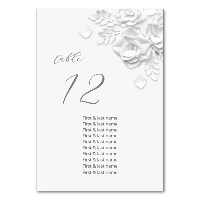 White 3D Roses Wedding Guest Names  Table Number (Front)