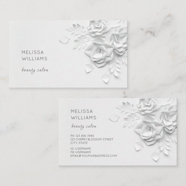 White 3D Simple Flowers Business Card (Front/Back)