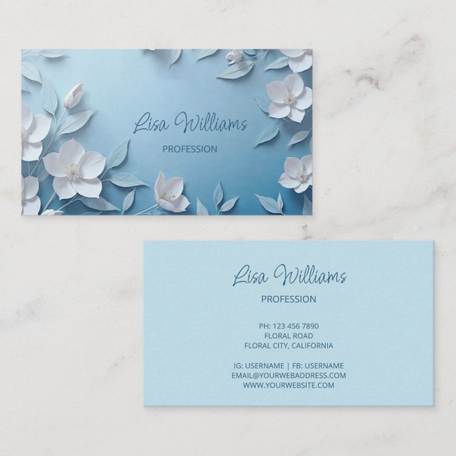 White 3D Simple Flowers Business Card (Front/Back)