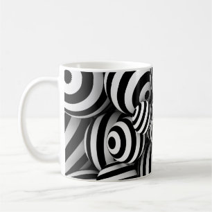 White abstract background with balls and black lin coffee mug