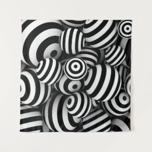 White abstract background with balls and black lin tapestry