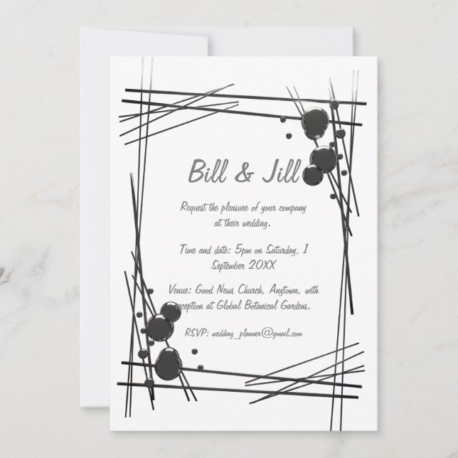 White Abstract Black Line + Bubble Art Wedding Invitation (Front)