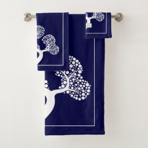 White abstract circle tree and border navy blue bath towel set