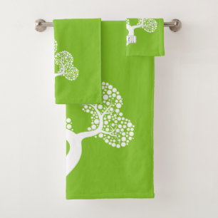 White abstract circle tree and name lime green bath towel set