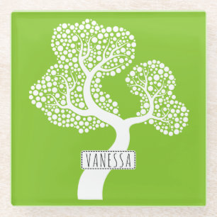 White abstract circle tree and name, lime green glass coaster
