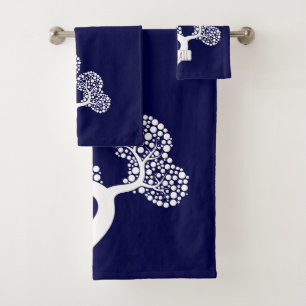 White abstract circle tree and name navy blue bath towel set