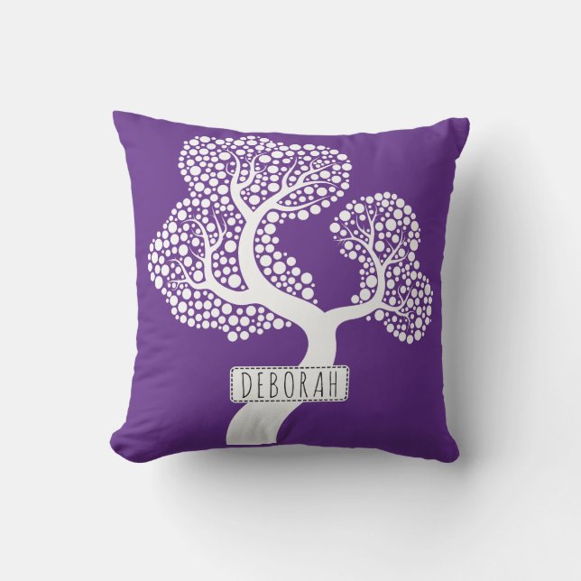 White abstract circle tree and name, royal purple outdoor pillow (Front)