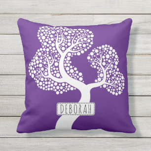 White abstract circle tree and name, royal purple outdoor pillow