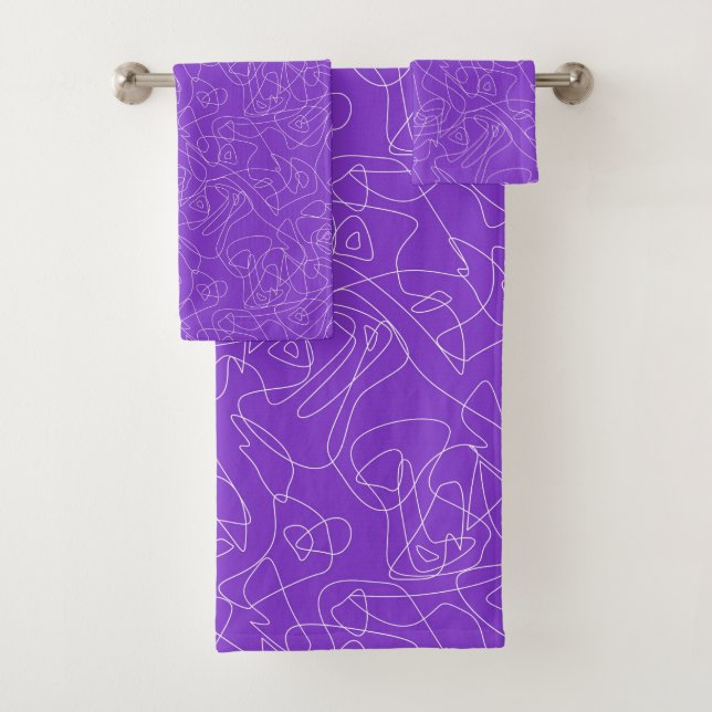 white abstract curved lines on a purple background bath towel set (Insitu)