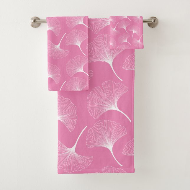 White abstract delicate leaves pattern on pink bath towel set (Insitu)