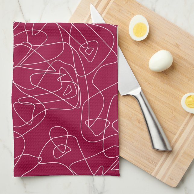 White abstract doodles on dark red background kitchen towel (Quarter Fold)