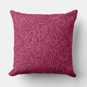 White abstract doodles on dark red background outdoor pillow