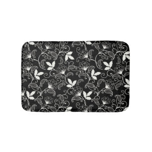 White Abstract Floral on Black Background Bath Mat