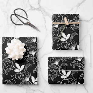 White Abstract Floral on Black Background Wrapping Paper Sheet
