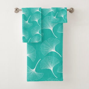 White abstract leaves pattern on mint-green bath towel set