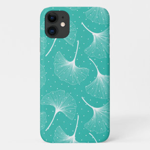 White abstract leaves pattern on mint-green iPhone 11 case
