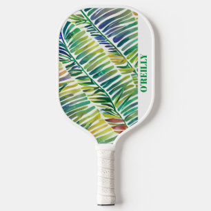White Abstract Watercolor Leaves Modern Monogram Pickleball Paddle
