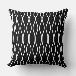 White Abstract Wavy Geometric Pattern on Black Throw Pillow
