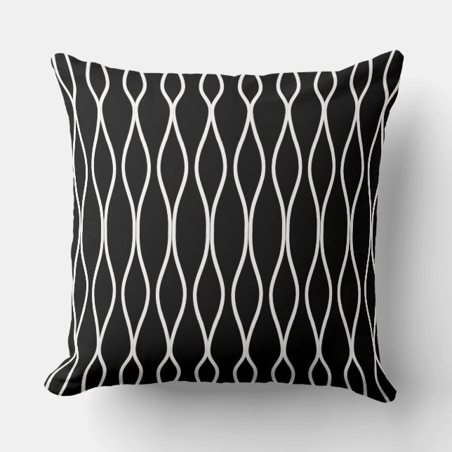 White Abstract Wavy Geometric Pattern on Black Throw Pillow (Front)