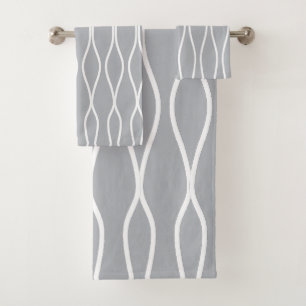 White Abstract Wavy Geometric Pattern on Grey Bath Towel Set