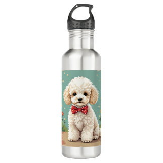 White adorable poodle with bow tie 710 ml water bottle
