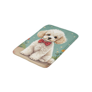White adorable poodle with bow tie bath mat