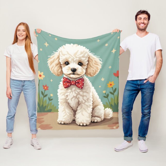 White adorable poodle with bow tie fleece blanket (In Situ)