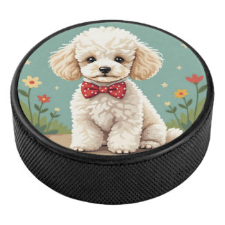 White adorable poodle with bow tie hockey puck