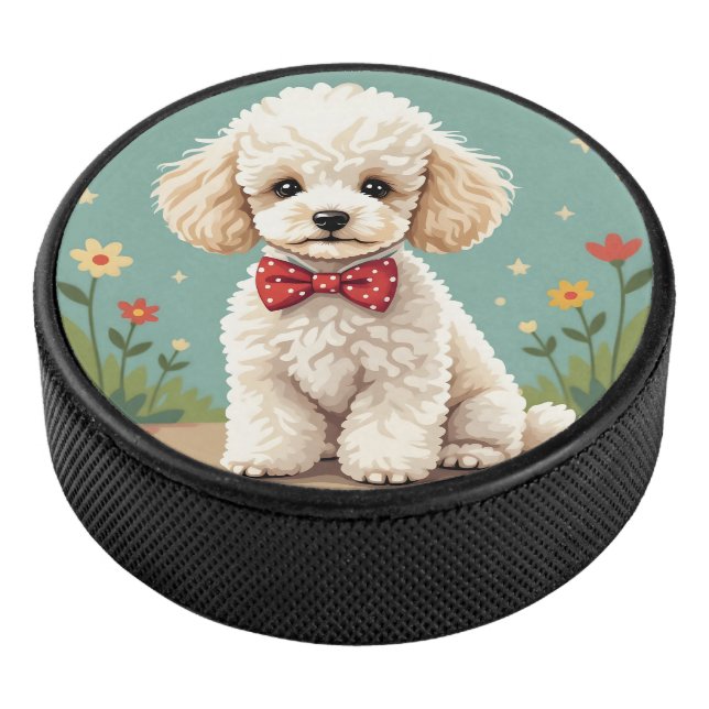 White adorable poodle with bow tie hockey puck (3/4)