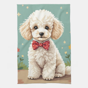 White adorable poodle with bow tie kitchen towel