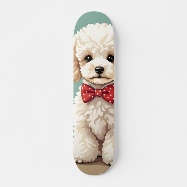 White adorable poodle with bow tie skateboard (Front)