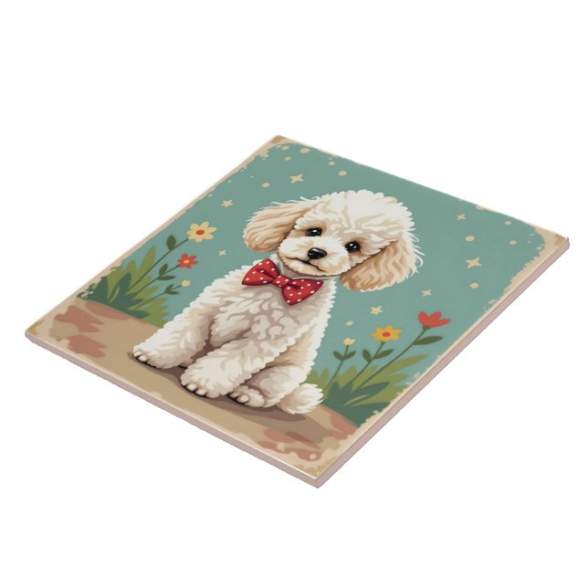 White adorable poodle with bow tie tile (Side)