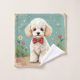 White adorable poodle with bow tie wash cloth