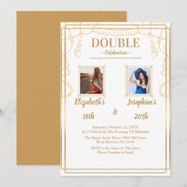White Adult Joint Birthday Party  2 Photo Invitation (Front/Back)