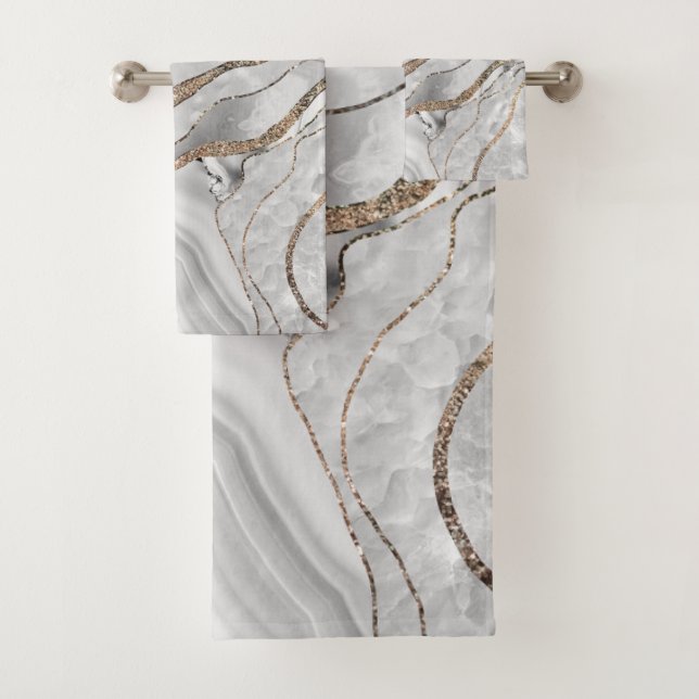 White Agate Gold Glitter Glam #1 (Faux Glitter)  Bath Towel Set (Insitu)