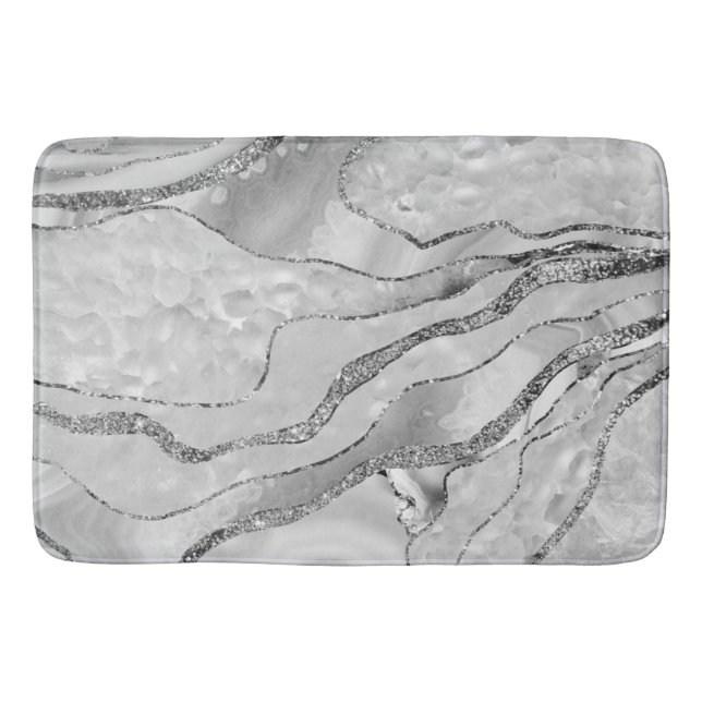 White Agate Silver Glitter Glam #1 (Faux Glitter)  Bath Mat (Front)