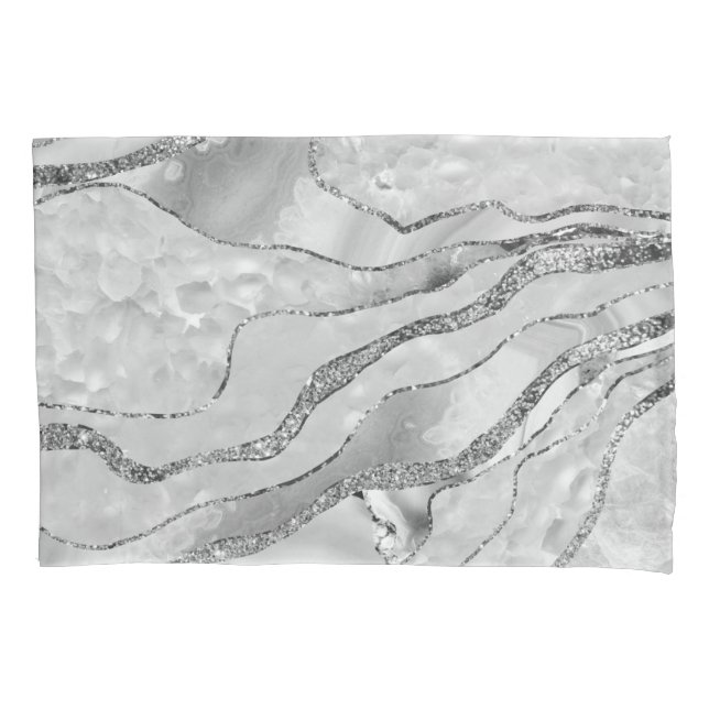 White Agate Silver Glitter Glam #1 (Faux Glitter)  Pillowcase (Front)