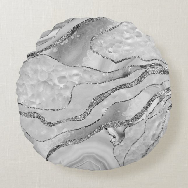 White Agate Silver Glitter Glam #1 (Faux Glitter)  Round Pillow (Front)