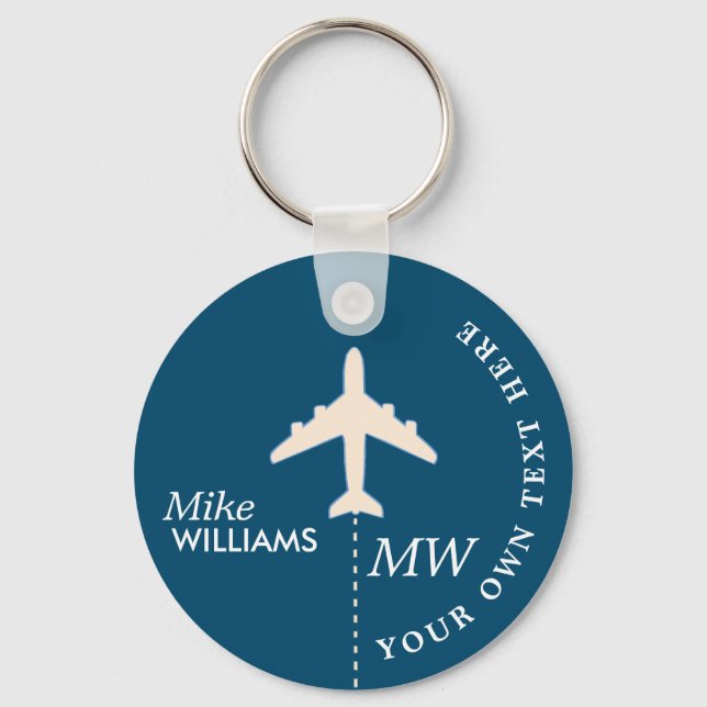 White Airplane on Blue Keychain with Name (Front)