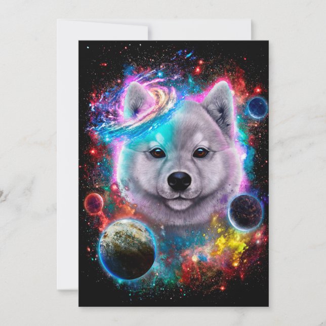 White Akita Dog Space Galaxy Holiday Card (Front)